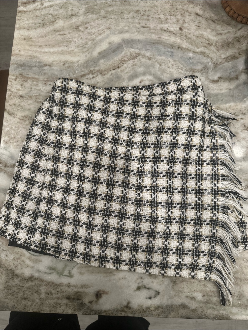 Girls Black & White Tweed Fringe Mini Skirt